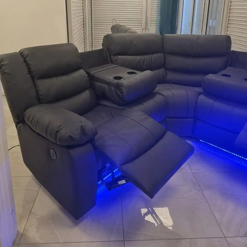 Roma Black Leather Electric Recliner Corner Sofa + LED/USB/ Cupholders