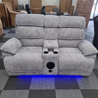 Grey fabric two seater electric recliner sofa with storage console