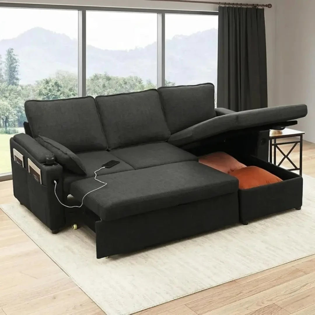 Francesca Sofa Bed (Universal) in Grey fabric - USB - Storage - Cuphoders - Bed - Magazine Pocket
