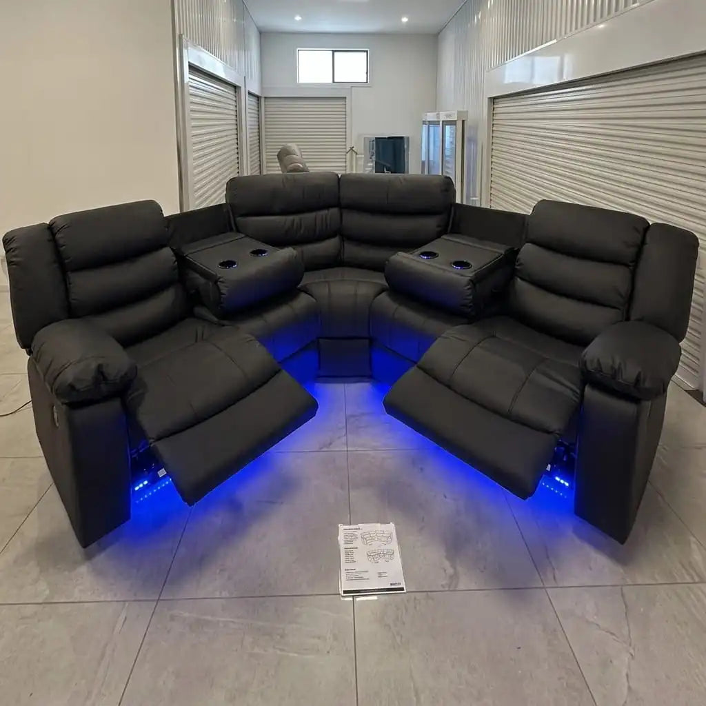Roma Black Leather Electric Recliner Corner Sofa + LED/USB/ Cupholders