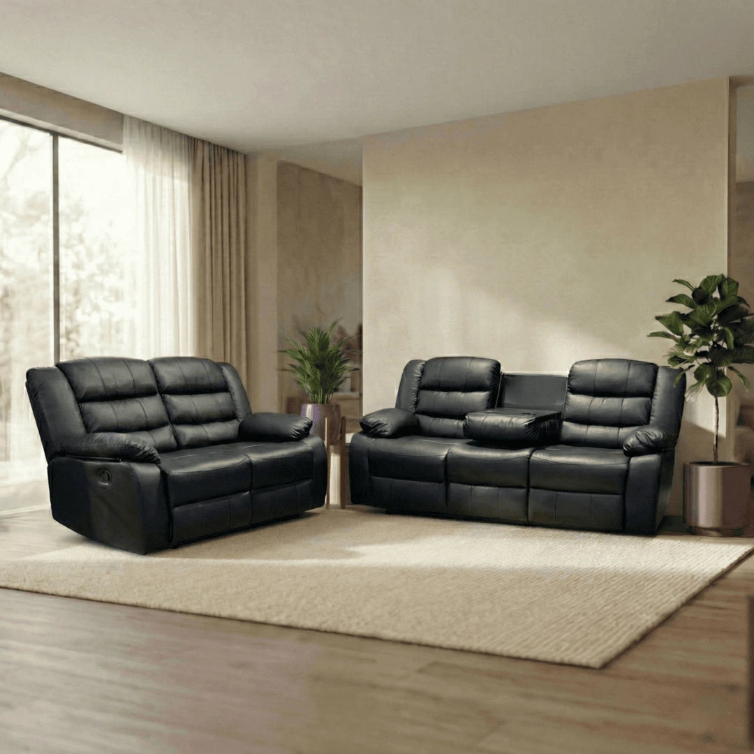 Roma Leather Recliner Sofa with Cupholders - 3+2 Seater Sofa - Black (3+2 Seater) (107)