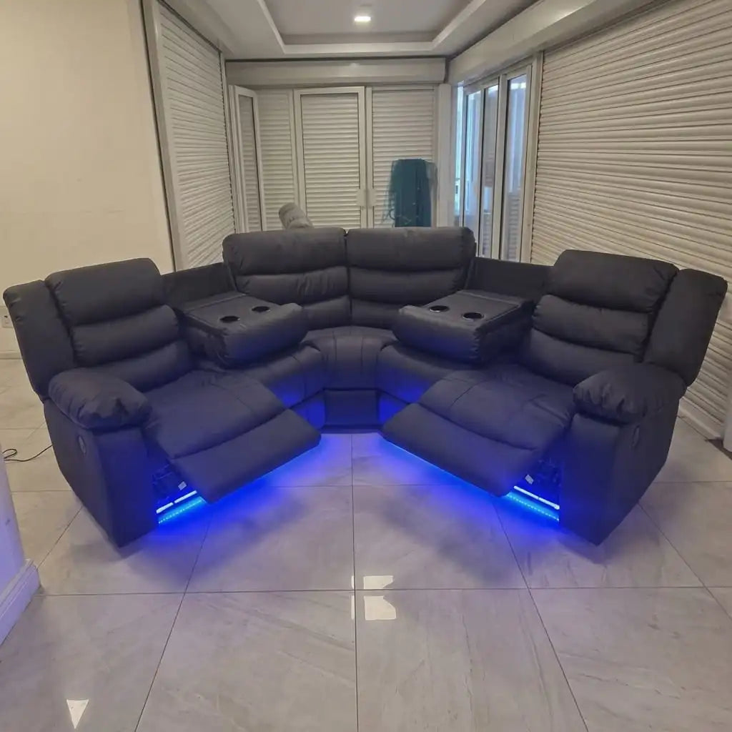 Roma Black Leather Electric Recliner Corner Sofa + LED/USB/ Cupholders