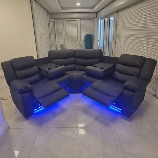 Roma Black Leather Electric Recliner Corner Sofa + LED/USB/ Cupholders