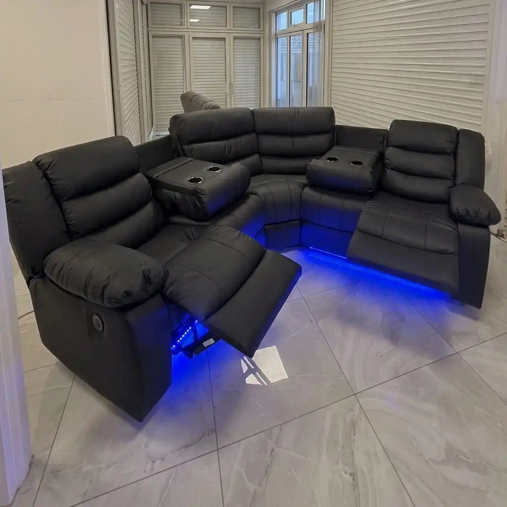 Roma Black Leather Electric Recliner Corner Sofa + LED/USB/ Cupholders