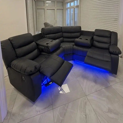 Roma Black Leather Electric Recliner Corner Sofa + LED/USB/ Cupholders