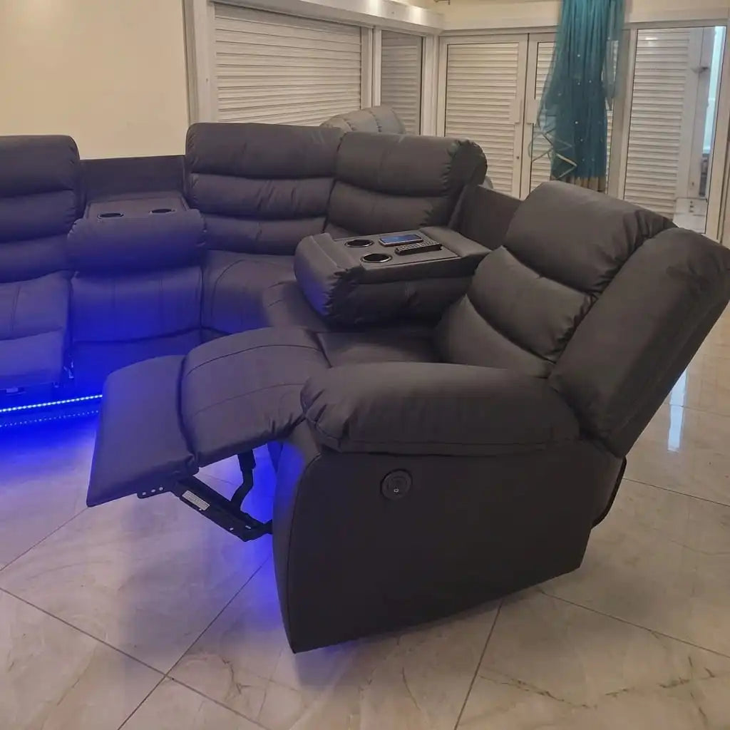 Roma Black Leather Electric Recliner Corner Sofa + LED/USB/ Cupholders