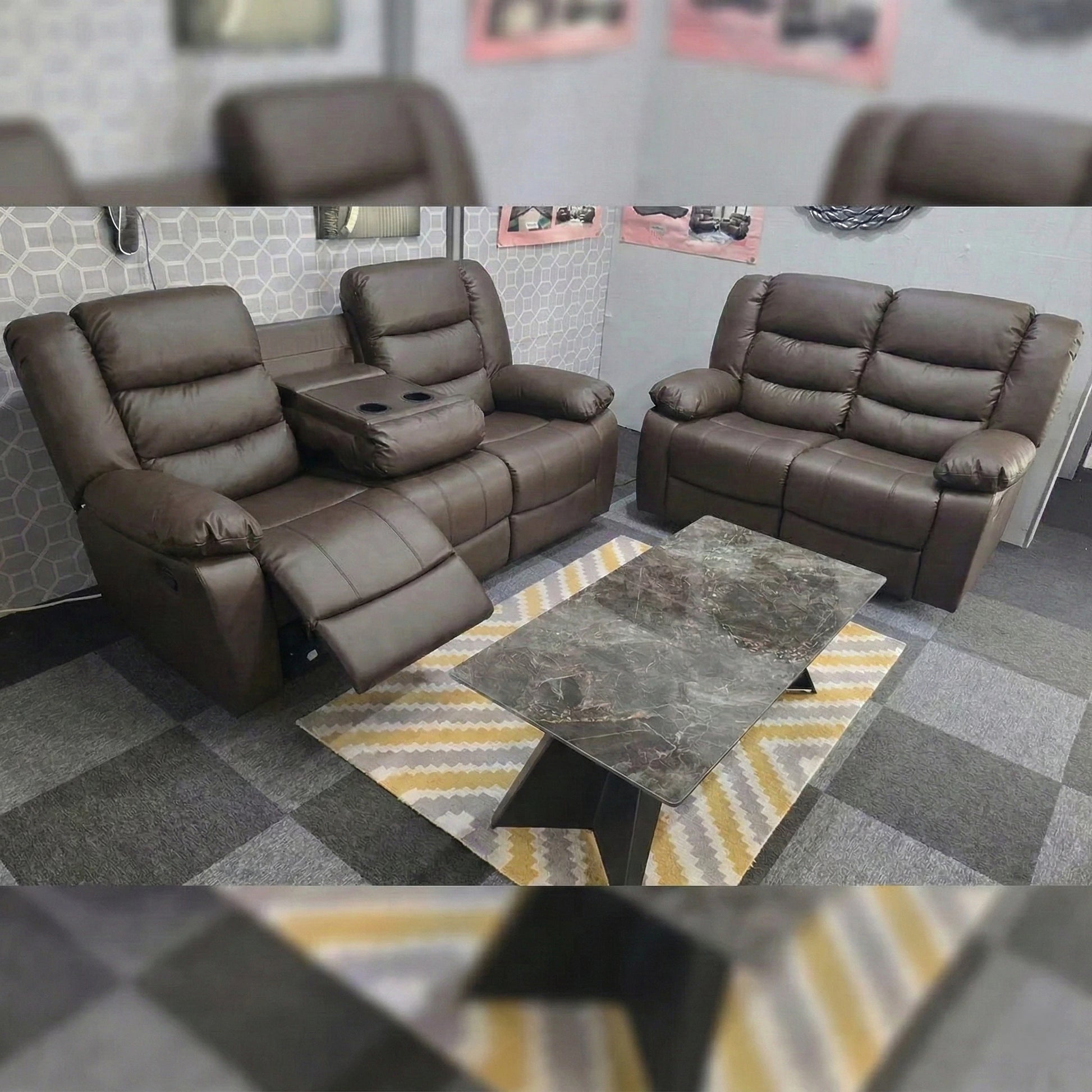 MNS Leather Recliner Sofa with Cupholders - 3+2 Seater Sofa - Black (3+2 Seater)