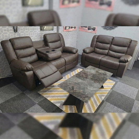 MNS Leather Recliner Sofa with Cupholders - 3+2 Seater Sofa - Black (3+2 Seater)