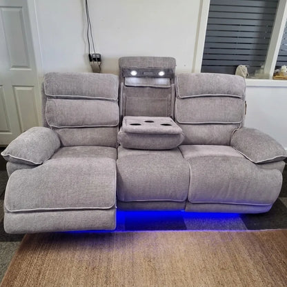 Grey fabric three seater electric recliner sofa with USB-C charging