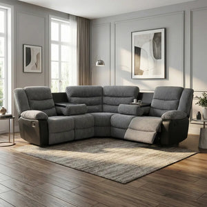 Rio Jumbo Cord Recliner Corner Sofa With Cupholders - Manual Reclining - Recliner Corner Sofa (Corner - Grey/Black) - MNS (MY NEW SOFA) LTD