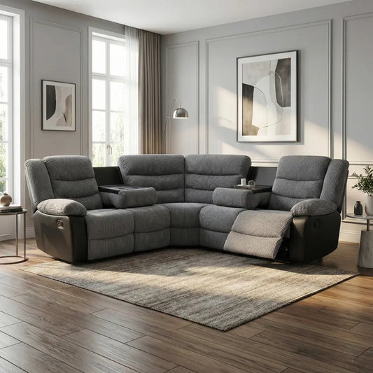 Rio Jumbo Cord Recliner Corner Sofa With Cupholders - Manual Reclining - Recliner Corner Sofa (Corner - Grey/Black) - MNS (MY NEW SOFA) LTD