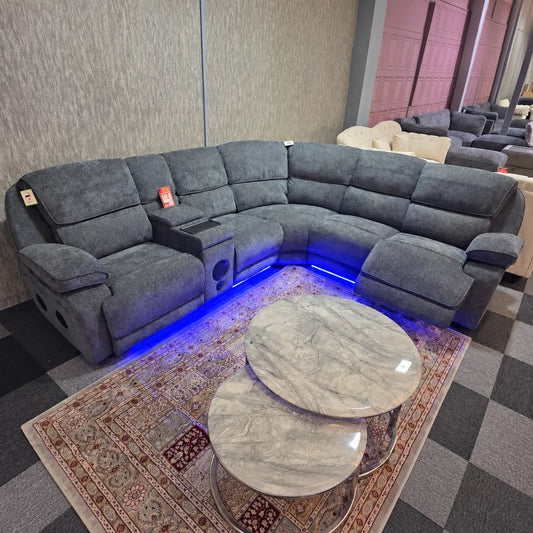 Moda Music Grey Fabric Corner Sofa with 3 Electric Recliners, Built-In Speakers, USB Charging & Blue LED Lighting