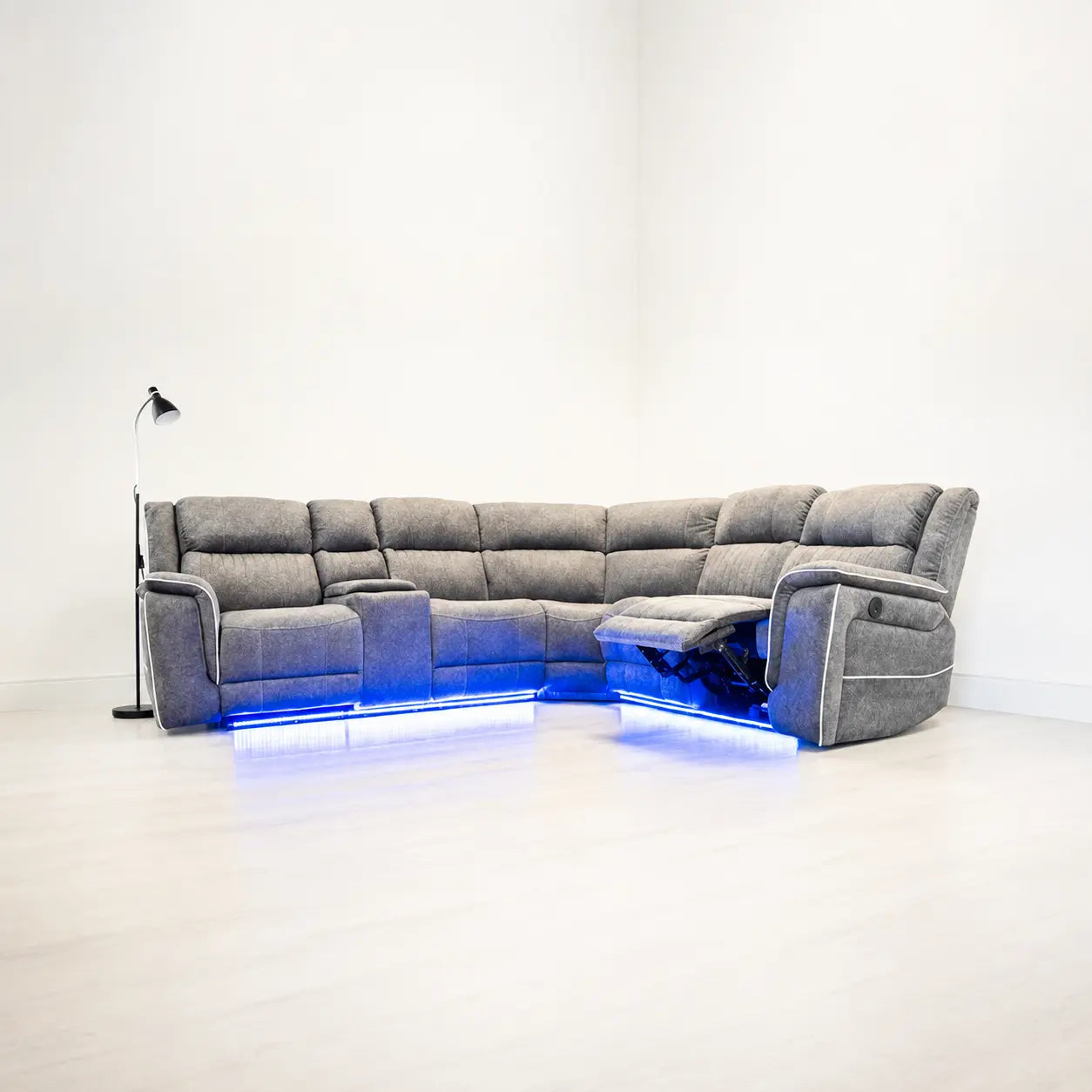 Hanna Electric Recliner Corner Sofa – Soft Grey Micro Fabric – LED Lights & USB Ports