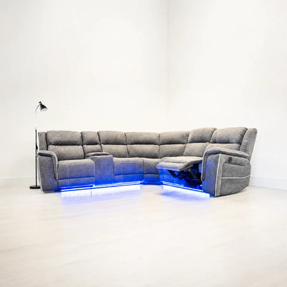Hanna Electric Recliner Corner Sofa – Soft Grey Micro Fabric – LED Lights & USB Ports