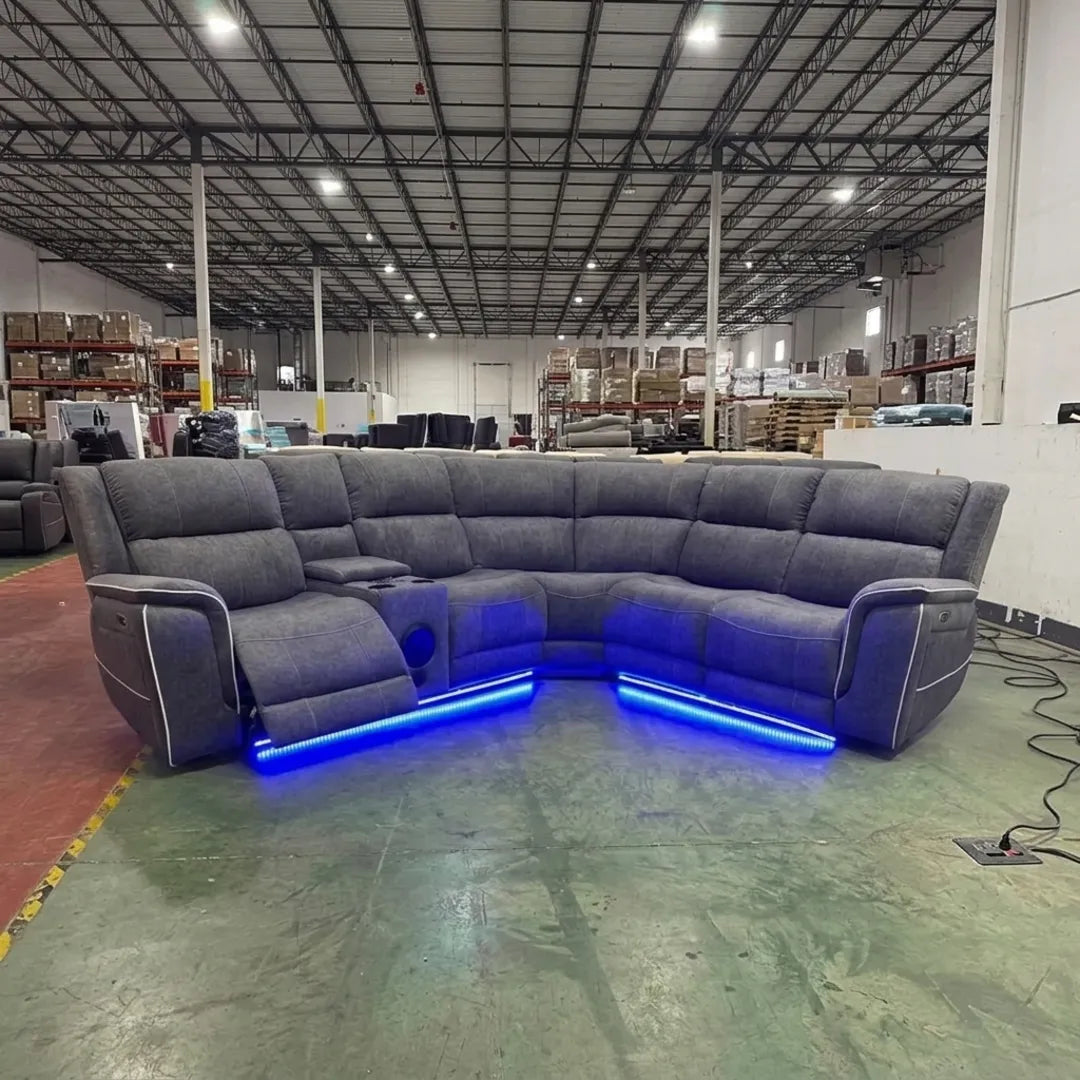 Hannah Music grey microfibre electric recliner corner sofa with blue LED light strip