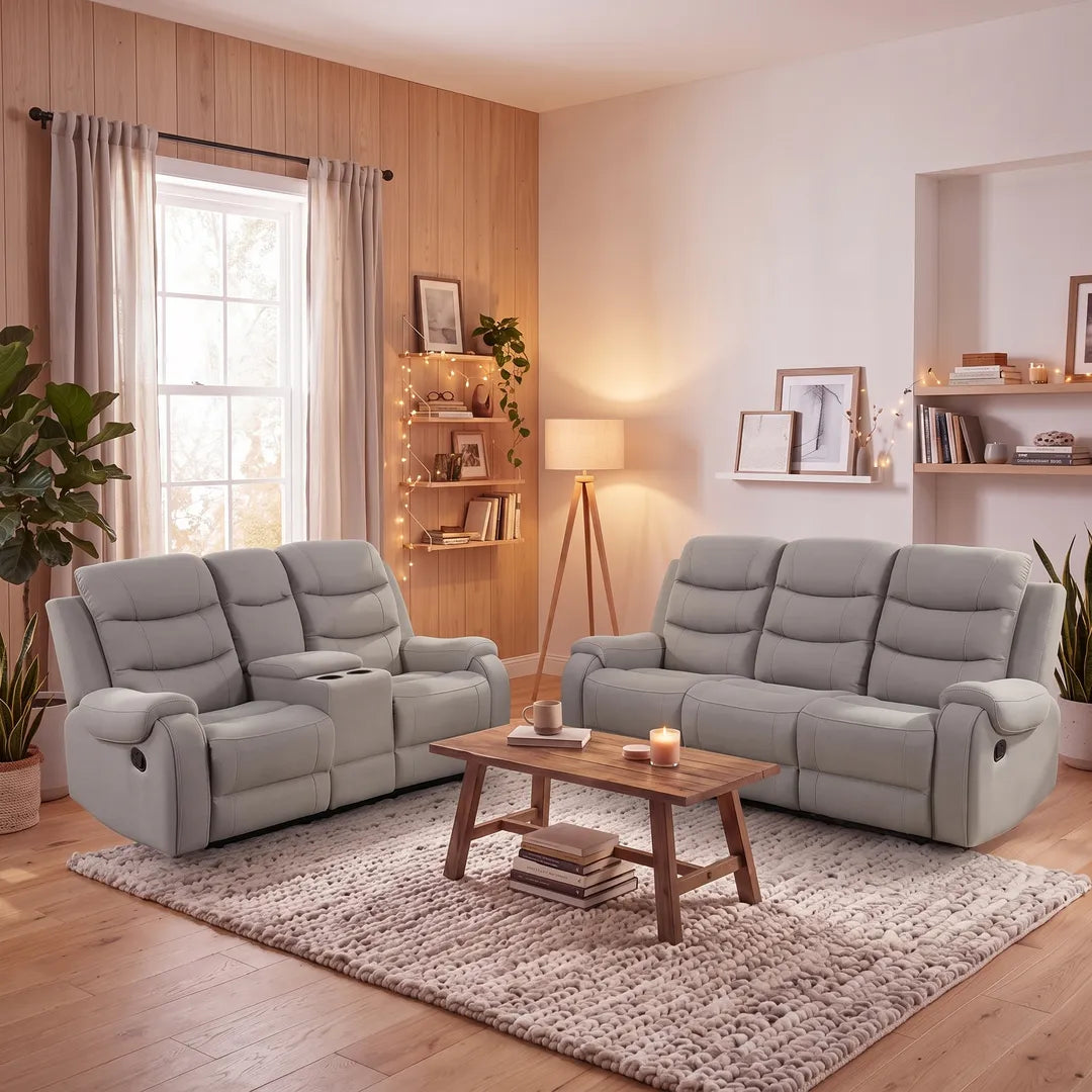 MNS Phoenix Fabric Manual Recliner 3+2 Seater Sofa Set with Cup Holders – Grey