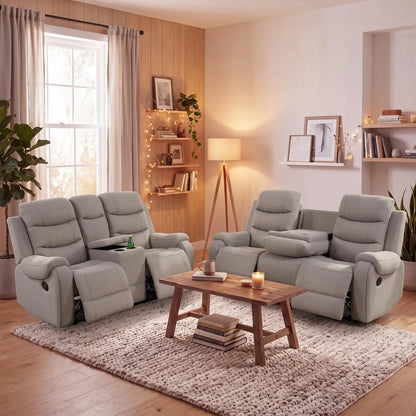MNS Phoenix Fabric Manual Recliner 3+2 Seater Sofa Set with Cup Holders – Grey