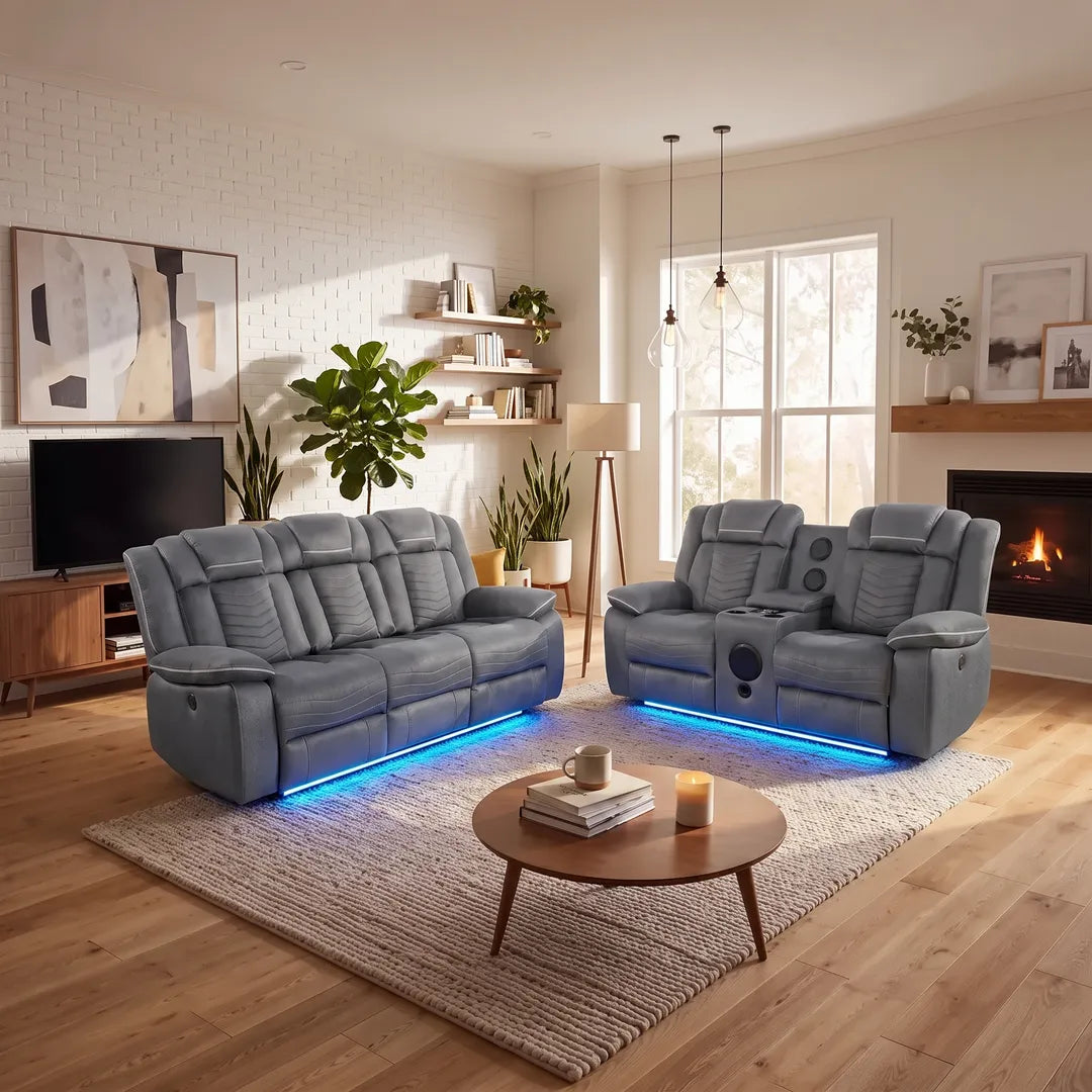 Michigan grey fabric electric recliner sofa set, 3 and 2 seater, in a living room