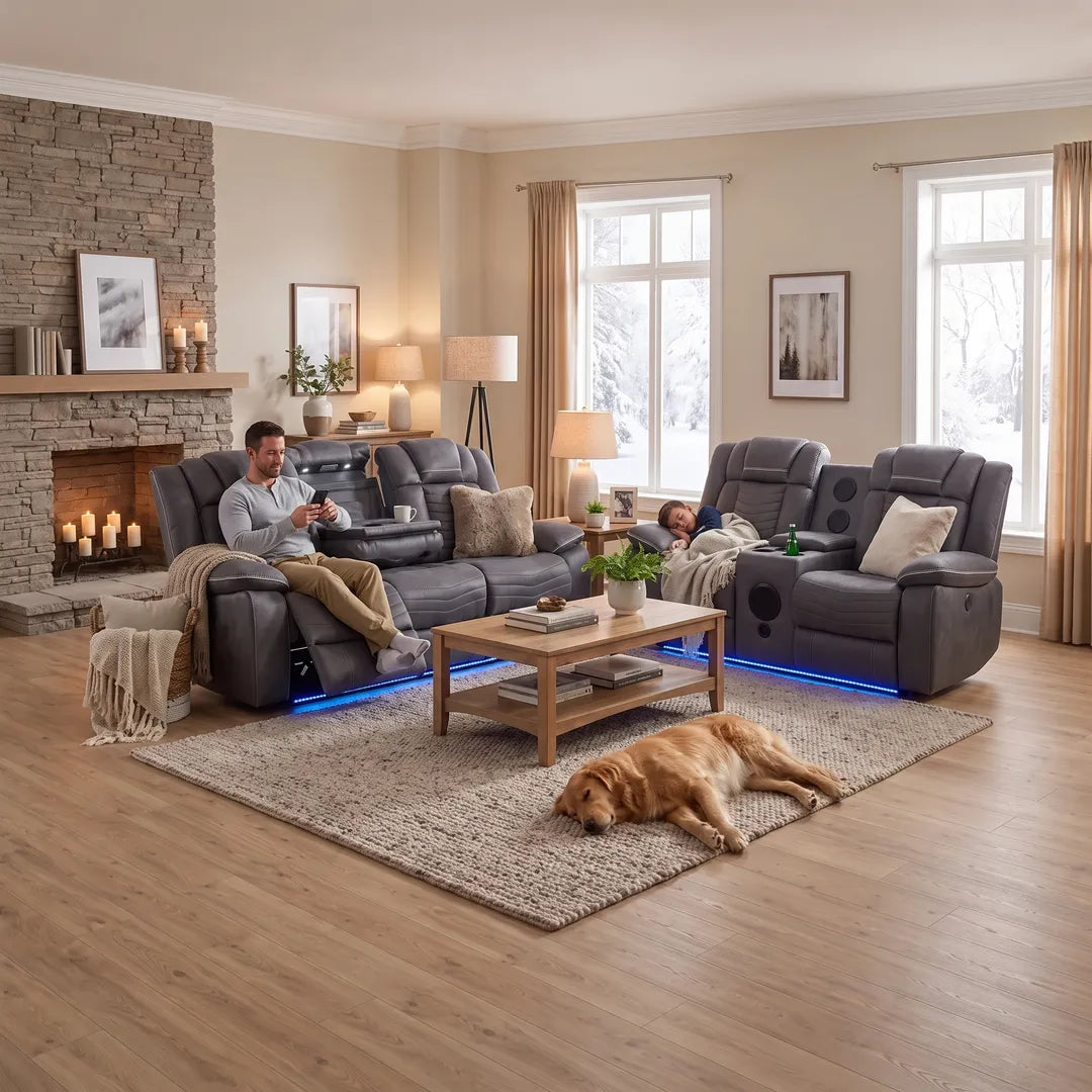Michigan grey fabric recliner sofa with USB-C ports and wireless charging pad