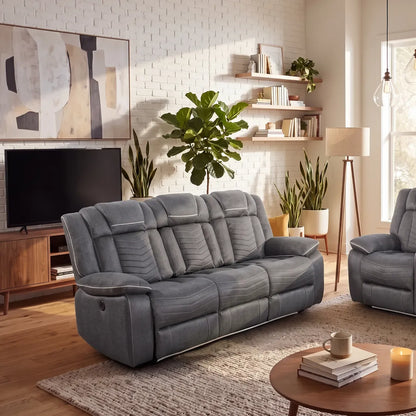 Michigan electric recliner sofa reclined, showing cup holders and storage console
