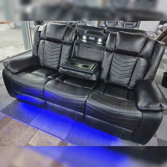 Michigan Leather 3 Seater Electric Recliner Sofa – LED Lighting, Cupholders, USB & Type-C Ports, Wireless Charging & Woofer Speakers