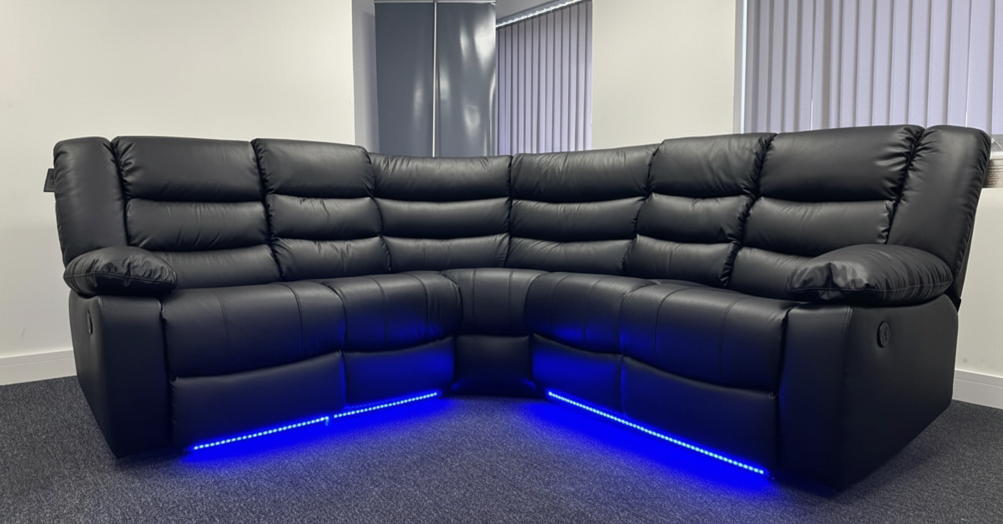 Roma Leather Electric Recliner Corner Sofa – Grey & Black LED Lights & Cup Holders