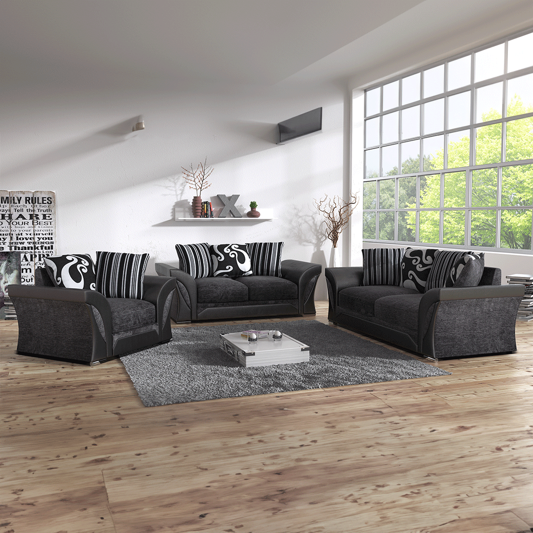 Amazing Sofas 3+2 SHANNON FARROW LARGE SOFA CHENILLE FABRIC GREY (GREY BLACK). Fire resistant as per British Standards, foam filled seats for comfort