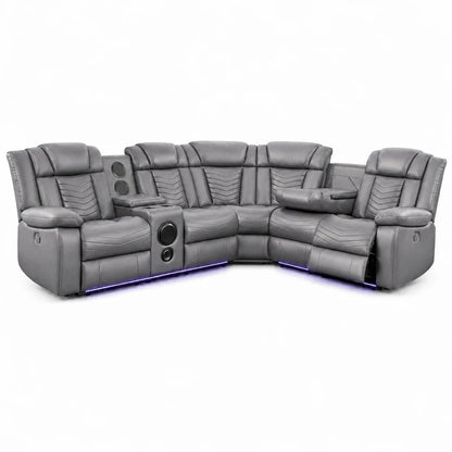 Michigan Music Leather Electric Recliners Corner Sofa + Cupholders -Black /Grey