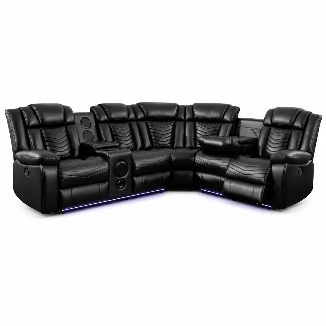 Michigan Music Leather Electric Recliners Corner Sofa + Cupholders -Black /Grey