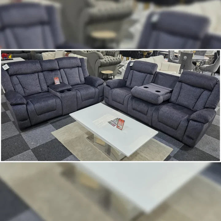 Beunis Aire 3 + 2 Plush Velvet Charcoal Dark Grey Manual Recliner Sofa Set.