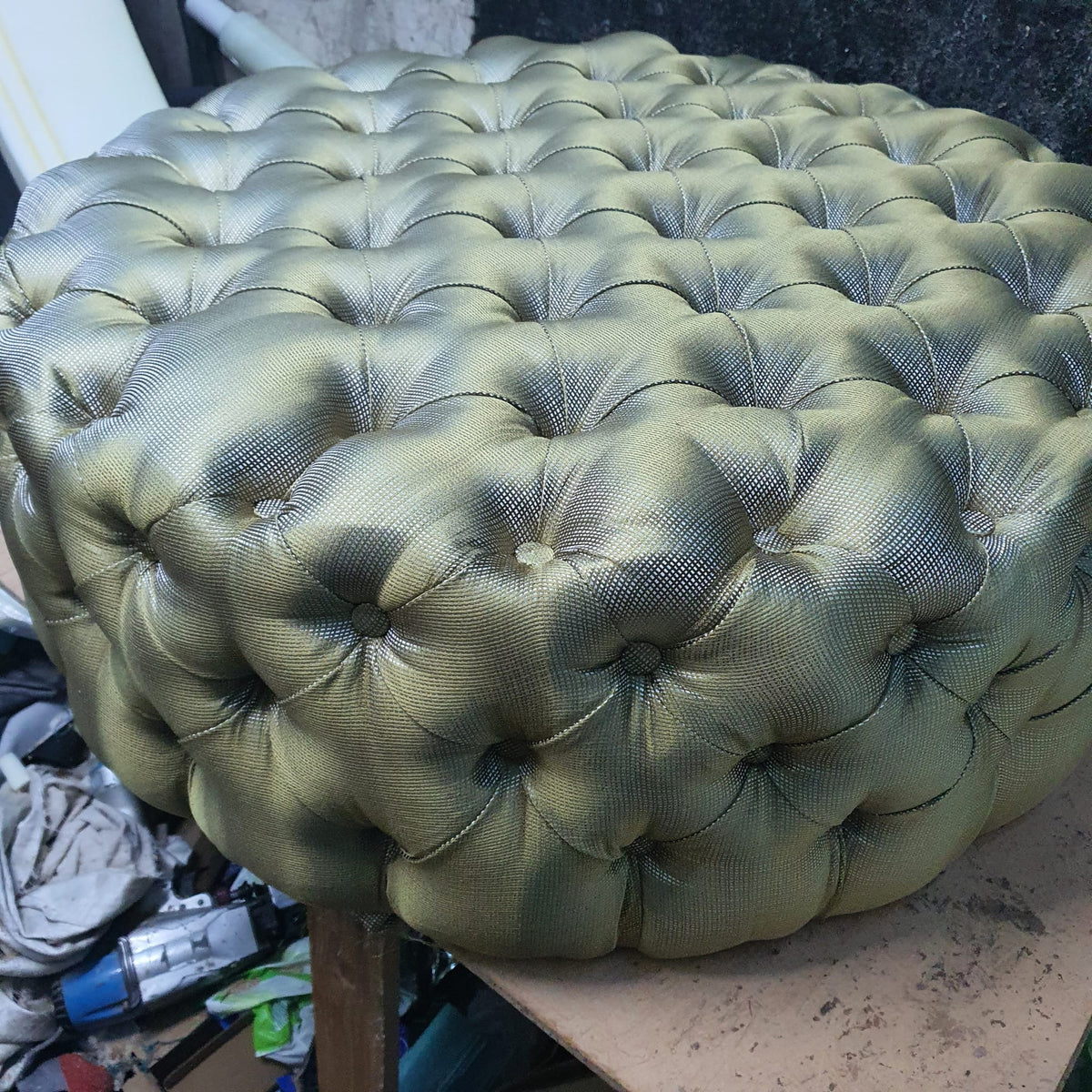 Chesterfield Style Round Blue Footstool