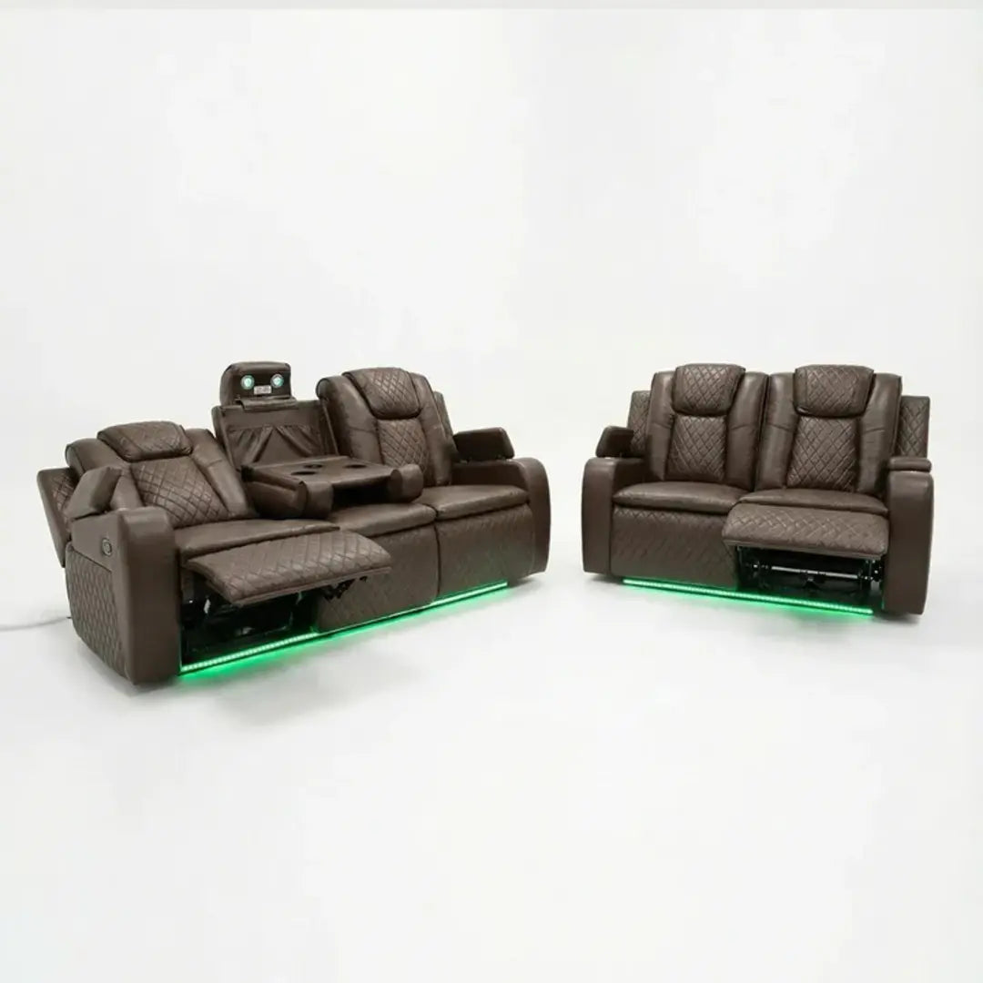 Colorado grey leather electric recliner sofa set with LED lights and wireless charging