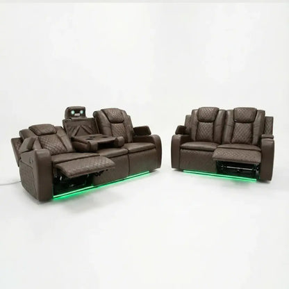 Colorado grey leather electric recliner sofa set with LED lights and wireless charging