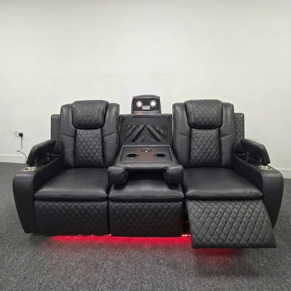 Colorado grey leather electric recliner sofa set with LED lights and wireless charging
