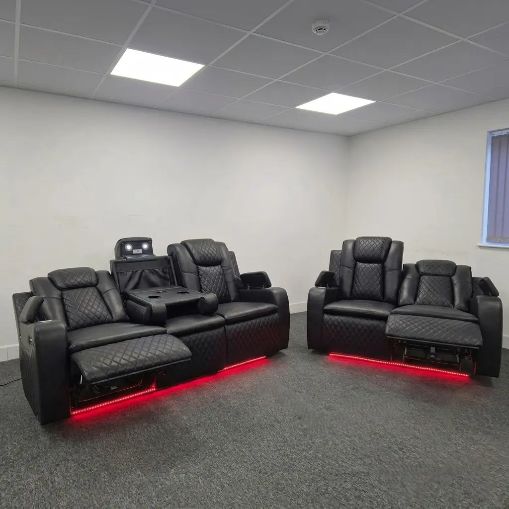 Colorado grey leather electric recliner sofa set with LED lights and wireless charging