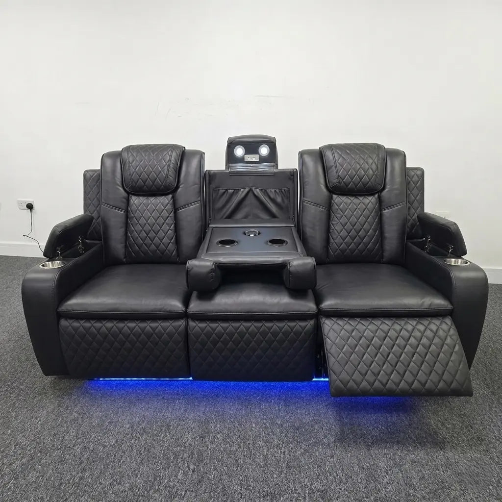 Colorado grey leather electric recliner sofa set with LED lights and wireless charging