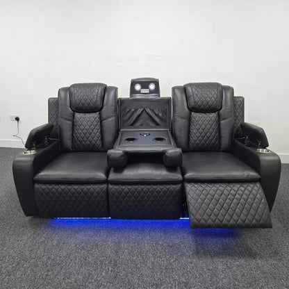 Colorado grey leather electric recliner sofa set with LED lights and wireless charging