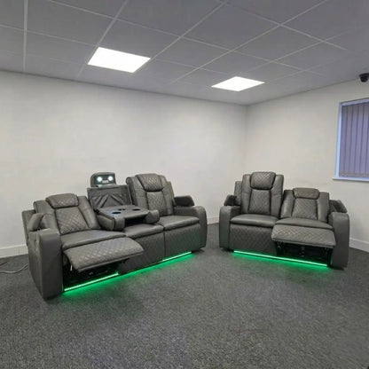 Colorado grey leather electric recliner sofa set with LED lights and wireless charging