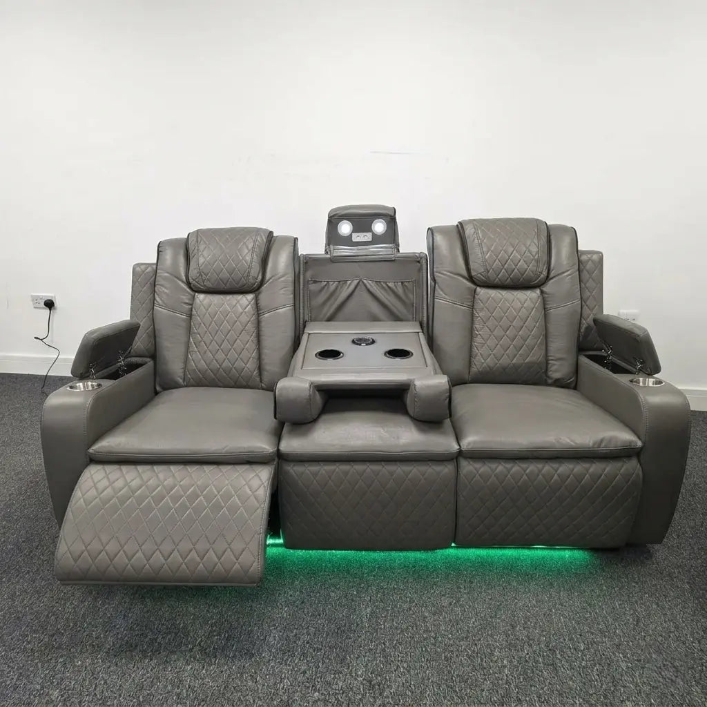 Colorado grey leather electric recliner sofa set with LED lights and wireless charging