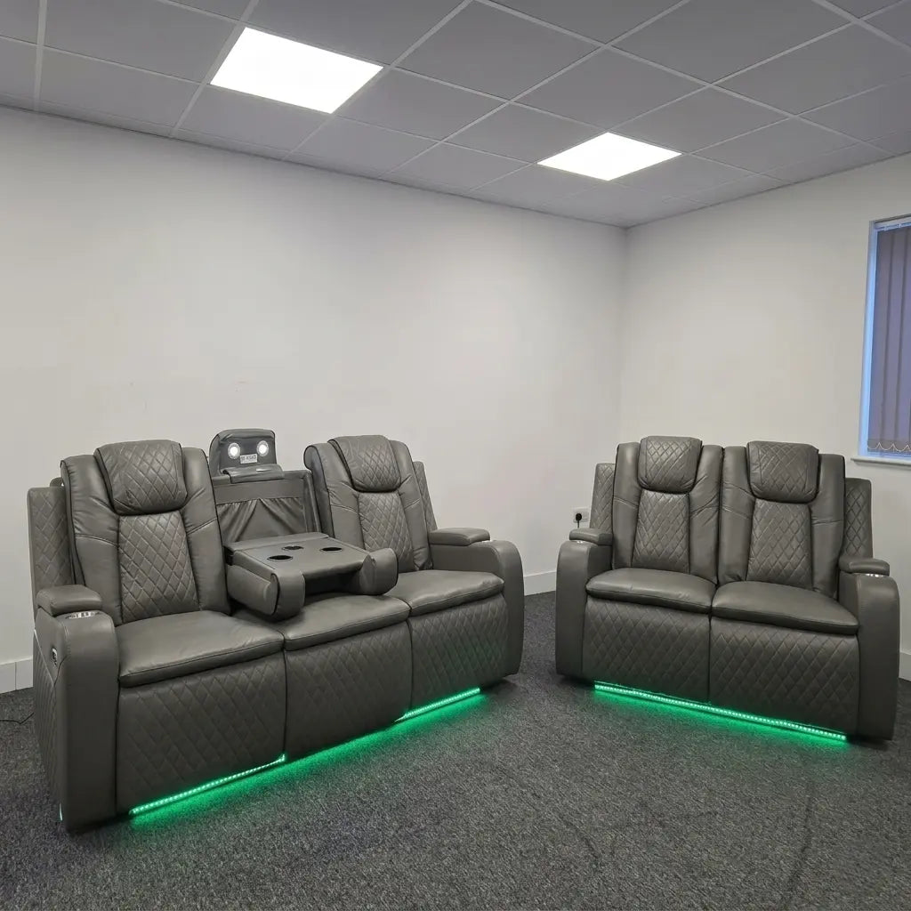 Colorado grey leather electric recliner sofa set with LED lights and wireless charging