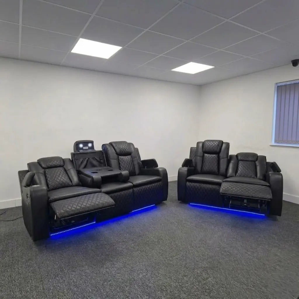 Colorado grey leather electric recliner sofa set with LED lights and wireless charging