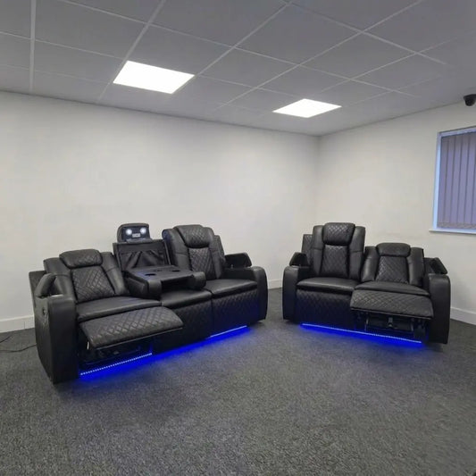 Colorado grey leather electric recliner sofa set with LED lights and wireless charging