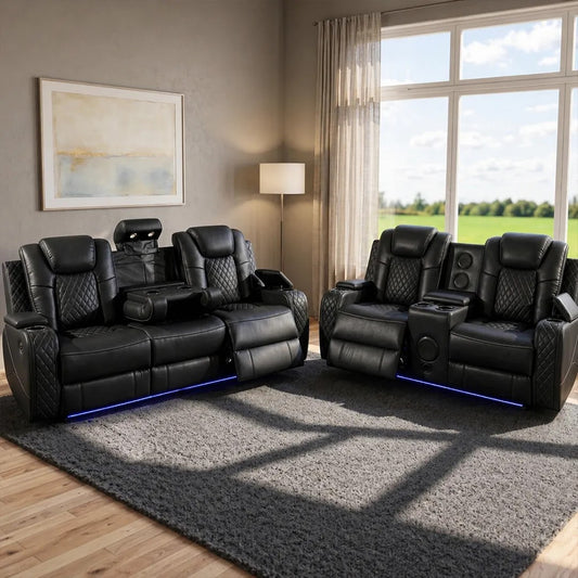 Emily 3 + 2 Music Leather Electric Recliner Sofa Set , USB -C , LED , B/Tooth
