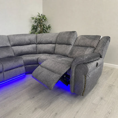 MNS Berlin Microfibre Fabric Electric Recliners Corner Sofa- USB/ Blue LED Strip
