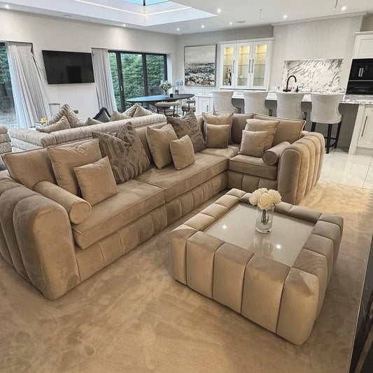 New | Lilly Corner Sofa | Full Back | Left & Right |Extra Pillows | Glass Table