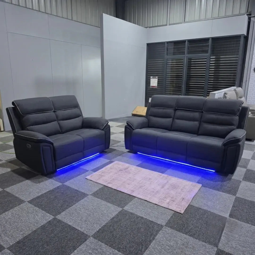 Venice Electric Recliner Sofa Set, Fabric, 3 and 2 Seater, Platinum, with USB, Type C, LED, and Reading Lights
