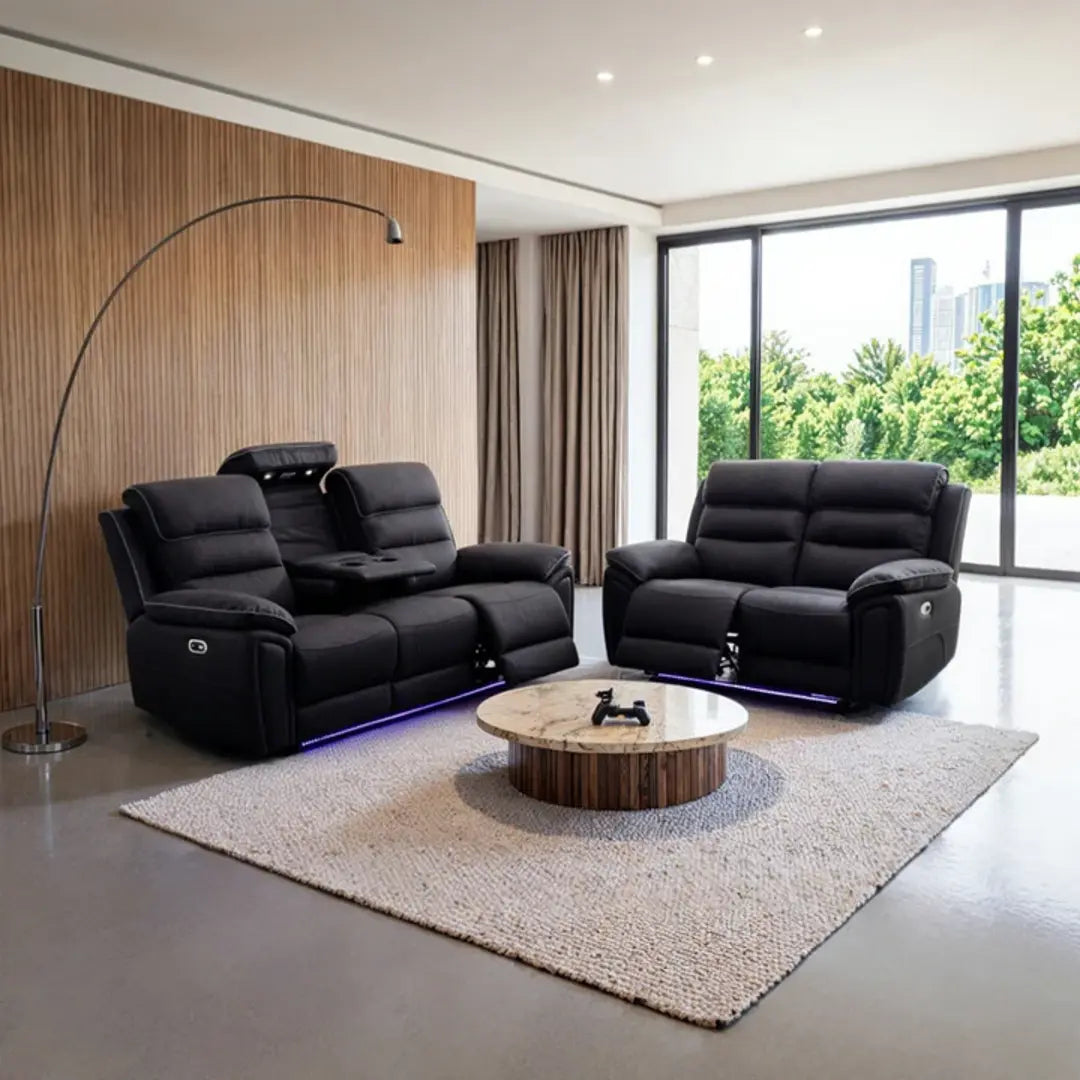 Venice Electric Recliner Sofa Set, Fabric, 3 and 2 Seater, Platinum, with USB, Type C, LED, and Reading Lights
