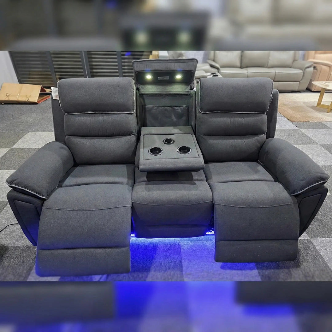 Venice Electric Recliner Sofa Set, Fabric, 3 and 2 Seater, Platinum, with USB, Type C, LED, and Reading Lights
