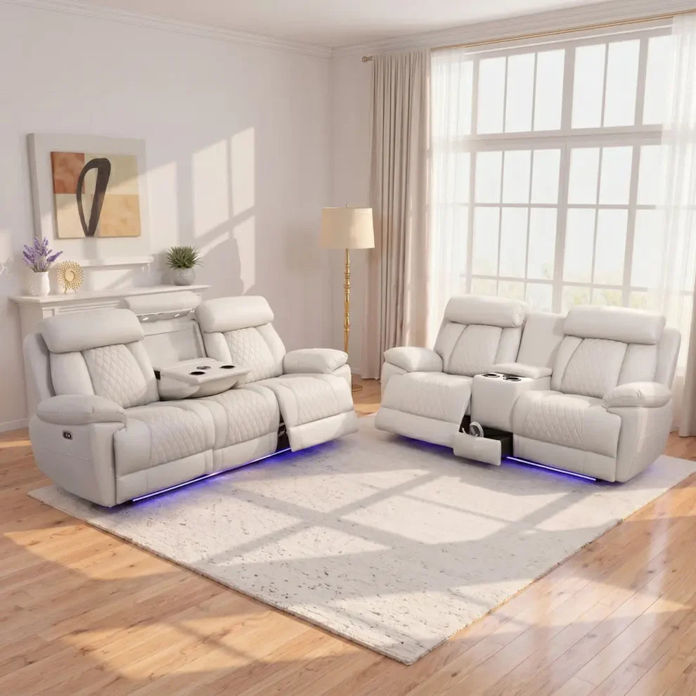 MNS Carlisle 3+2 Seater Leather Recliner Sofa Set with LED Lights & USB