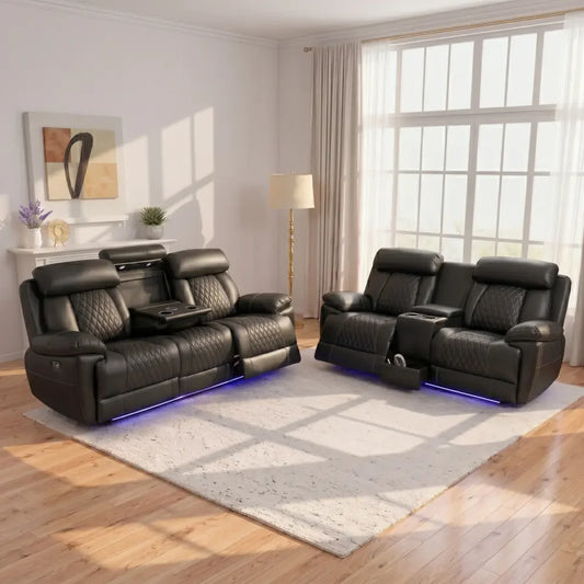 MNS Carlisle 3+2 Seater Leather Recliner Sofa Set with LED Lights & USB